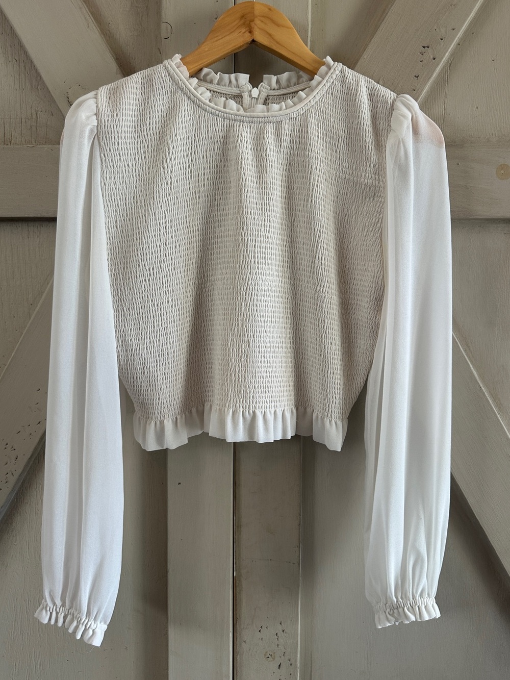 Wilfred Aritzia Smocked Ruffle Blouse White Long Sleeve Size S